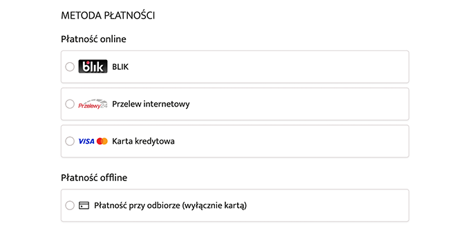 Możliwość płatności online za pomocą BLIK, Przelew internetowy, Karta Kredytowa lub podczas obecność w sklepie.